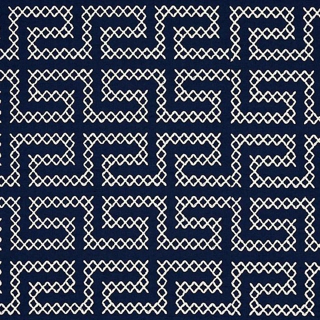 Sample - Schumacher A Maze Embroidery Fabric in Navy For Sale