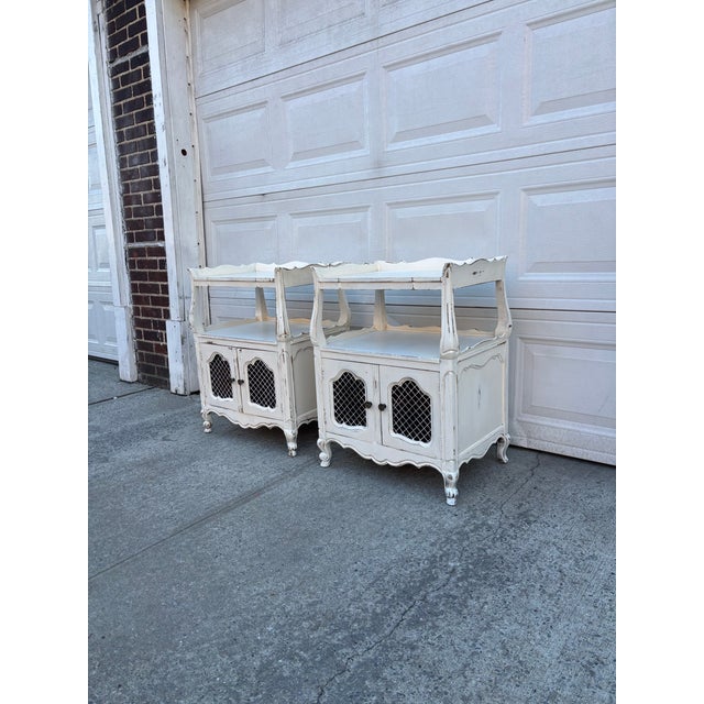Vintage French Country Nightstands, Pair of Distressed White Bedside Cabinets With Wire Mesh Doors, Cottage Farmhouse Furniture, Shabby Chic For Sale - Image 4 of 12