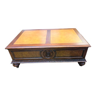 Ethan Allen Townhouse Collection Morley Burr Elm Coffee Table With Leather Top & Drawers For Sale