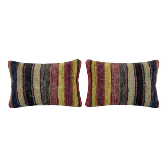Turkish Lumbar Kilim Pillow Cover 16'' X 24'' - Set of Two For Sale