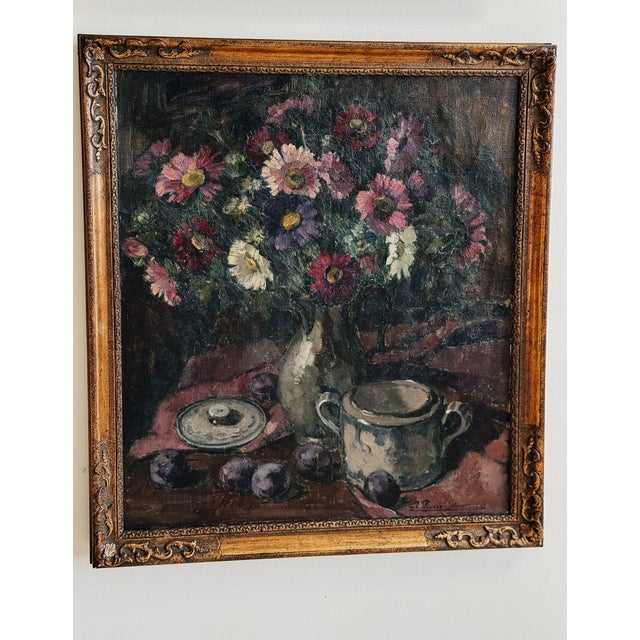 Rustic European 1920 Belgian Still Life Oil on Canvas Painting, Dark Florals For Sale - Image 3 of 5