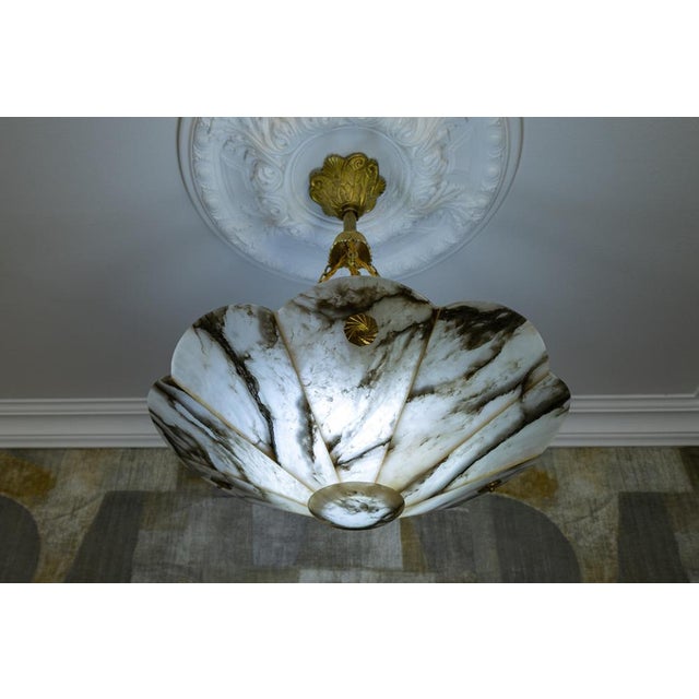Black French Art Deco Black & White Veined Alabaster and Bronze Chandelier, 1920 For Sale - Image 8 of 18