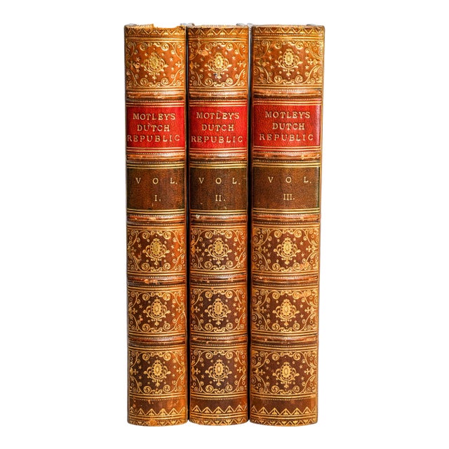Stately 3 Volume the Rise of the Dutch Republic John Lothrop Motley Full Leather Antique Books Home Office Decor For Sale