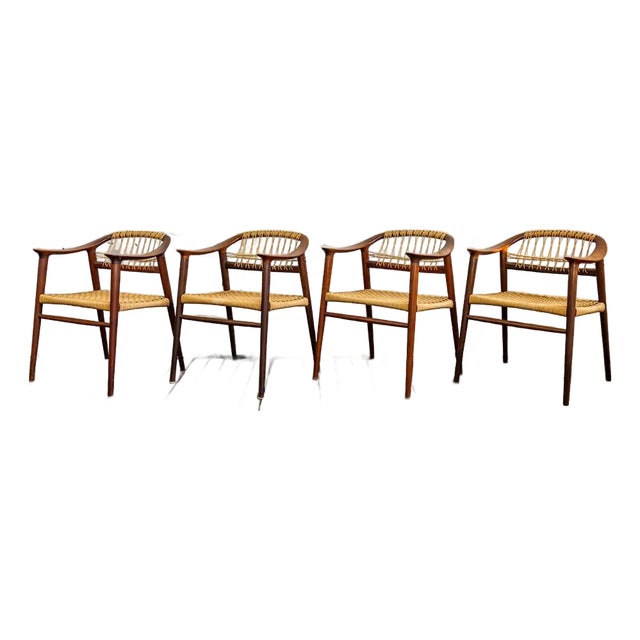 Set of Four (4) Bambi Teak & Cane Dining Chairs by Rolf Rastad & Adolf Relling, Norway 1950s For Sale