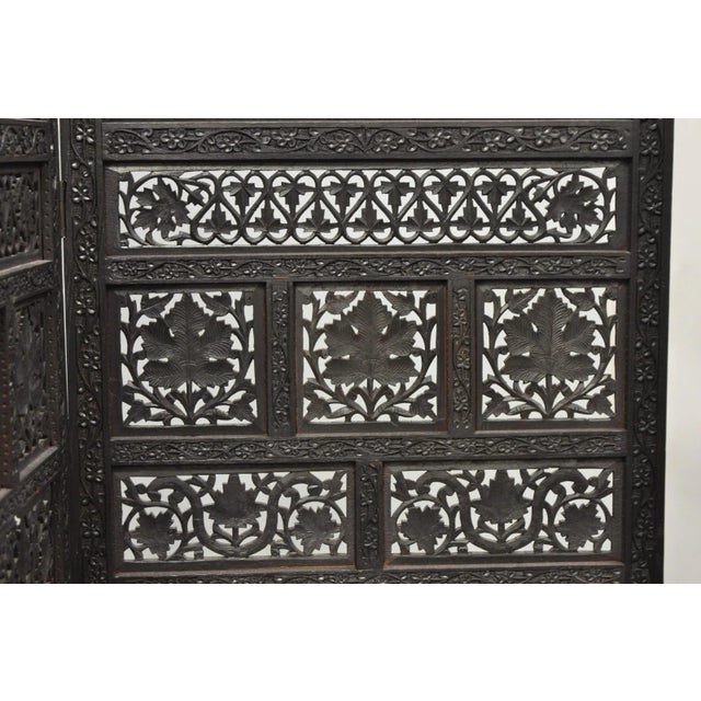 Vintage Anglo Indian Carved Teak Wood 4 Panel Room Divider Folding Screen For Sale In Philadelphia - Image 6 of 15