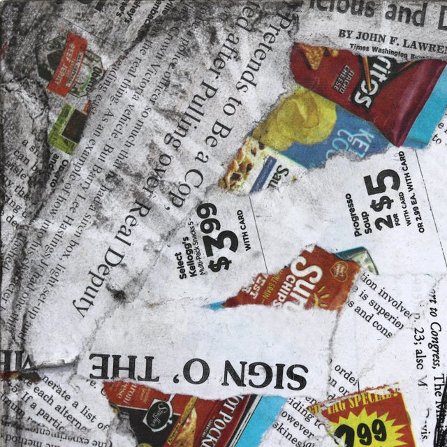 Robert Lebsack creates artworks using mixed media with ink, acrylic, and charcoal on archival copies of newspapers,...