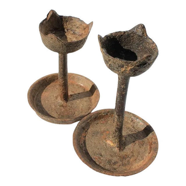 19th Century Primitive Iron Candle Holders - a Pair For Sale