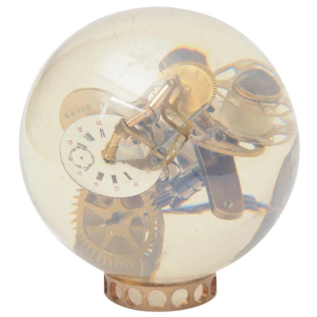 French Vintage Embedded Gear and Clock Part Round Lucite Sculpture For Sale