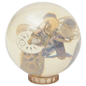 French Vintage Embedded Gear and Clock Part Round Lucite Sculpture