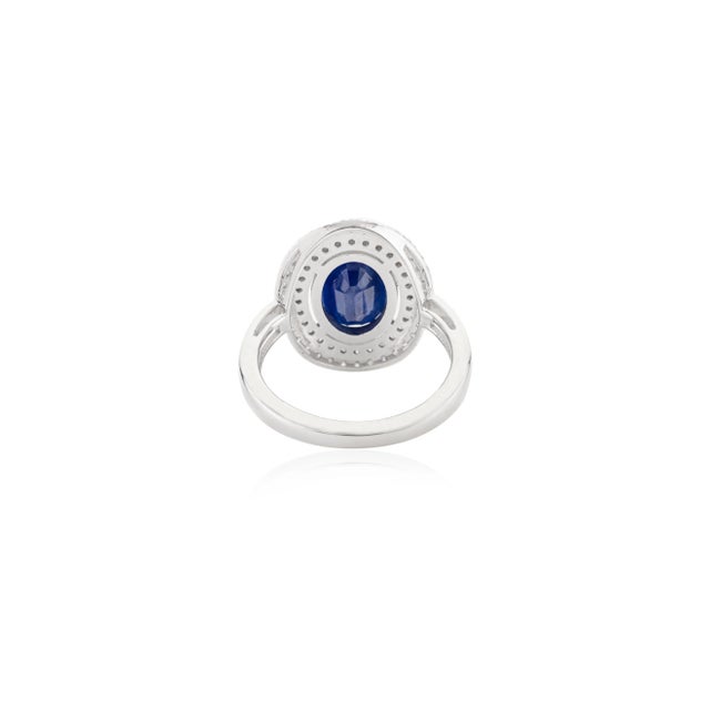 Metal 4.72 Ct Blue Sapphire Halo Diamond Art Deco Wedding Ring Size 5.5 For Sale - Image 7 of 12