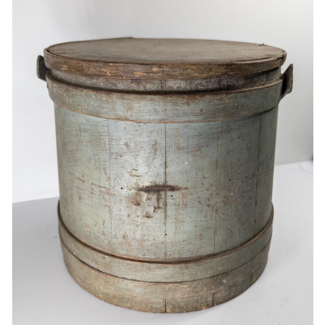 Wood 19th Century Rustic Primitive Farmhouse Grey Green Painted Firkin Bucket For Sale - Image 7 of 15