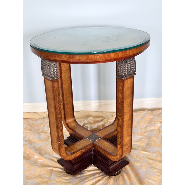 Art Deco Late 20th Century Maitland-Smith Art Deco Style Round Burlwood and Glass Accent Table For Sale - Image 3 of 17