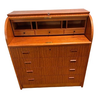 Mid Century Danish Teak Roll Top Secretary Desk With Original Key For Sale