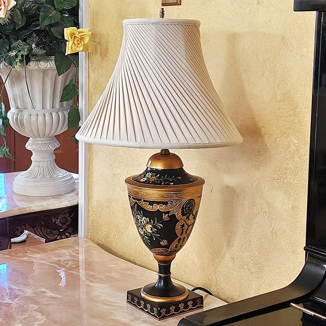 Wildwood Hand Painted Toleware Urn Table Lamp, Rocky Mount Nc, Floral Black & Gold For Sale In Washington DC - Image 6 of 18