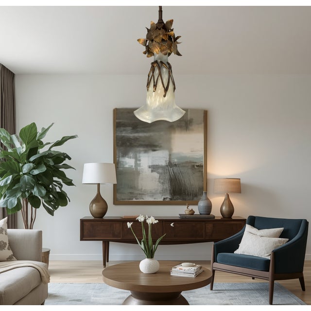 Vintage Filip Ravert Romblast White Frosted Romblast Shade Tole Pendant Light For Sale - Image 10 of 18