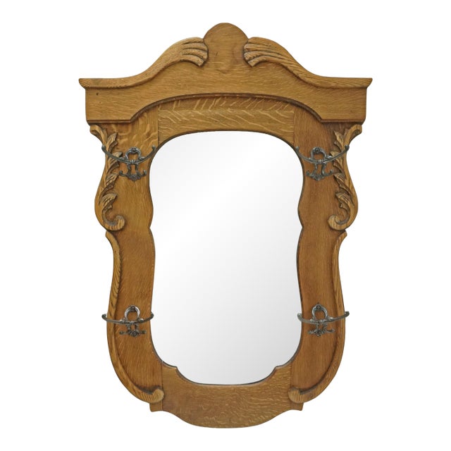 Antique Large Oak Hall Tree Beveled Mirror Cast Iron Coat Hat Hooks Shield Shape Arts & Crafts Style For Sale