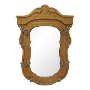 Antique Large Oak Hall Tree Beveled Mirror Cast Iron Coat Hat Hooks Shield Shape Arts & Crafts Style