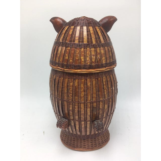 1980s Vintage Boho Chic Style Lidded Cane Owl Basket For Sale - Image 5 of 9