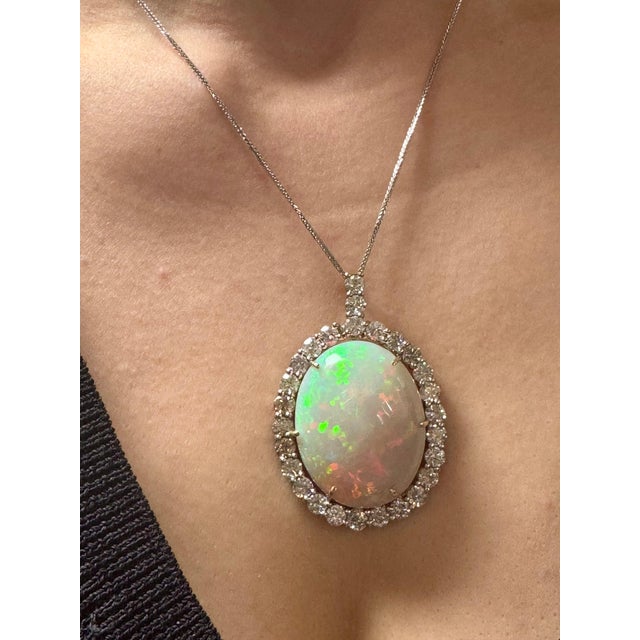 52 Carat Oval Ethiopian Opal & Diamond Pendant 14 Karat White Gold Necklace For Sale - Image 4 of 18