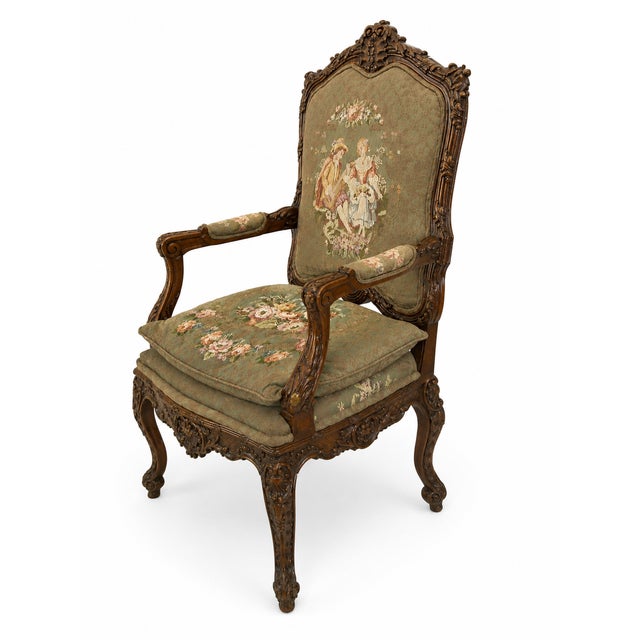 Ornate French Louis XV–Style Carved Wood Armchair With Floral Tapestry Upholstery For Sale - Image 9 of 15