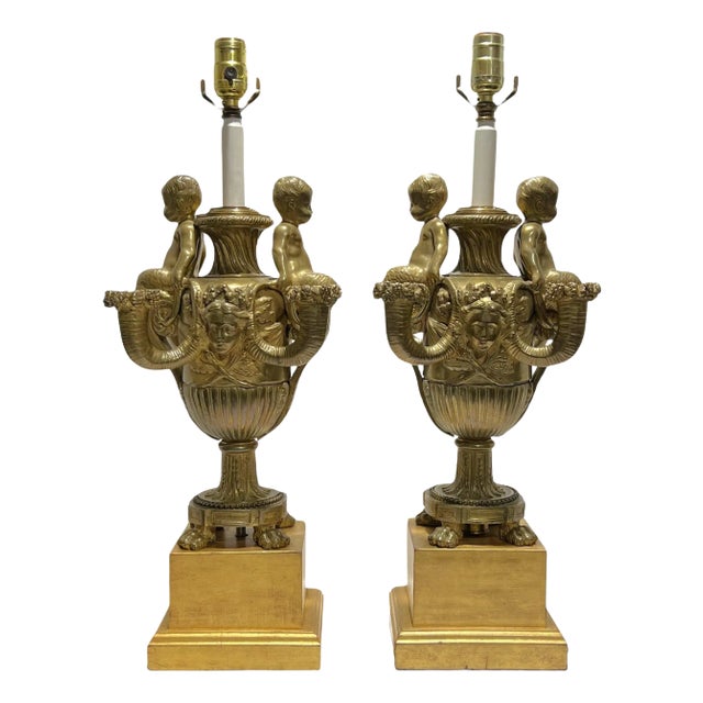 19th Century Neoclassical Gilt Bronze Table Lamps Baroque Louis XVI Style - A Pair For Sale