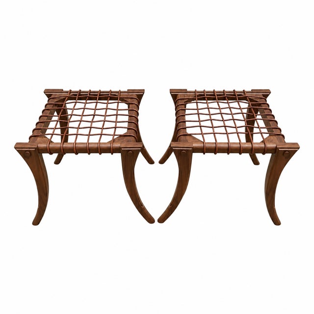 Walnut Mid Century Klismos Ottomans - Pair For Sale - Image 4 of 5