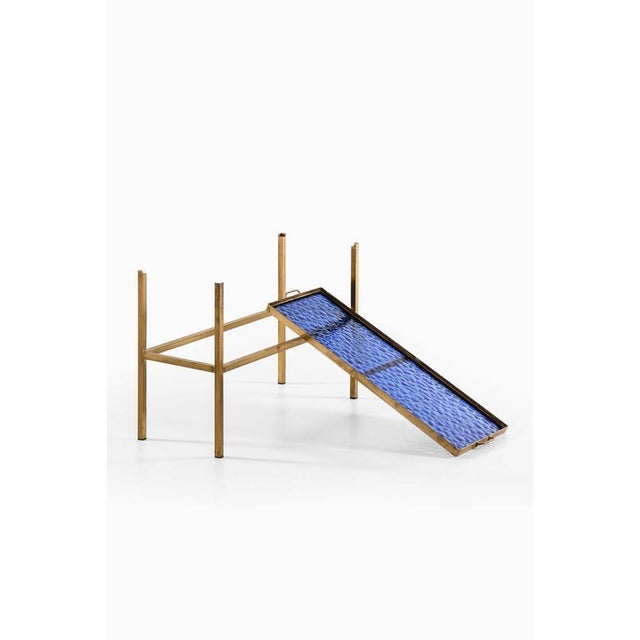 1950s Scandinavian Modern Blue and Gilt Brass and Glass Side Table, 1950s For Sale - Image 5 of 7