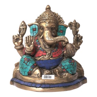 Brass Ganesha Statue With Turquoise Inlay | 7 Inch Hindu Ganpati Idol for Home Altar | Colorful Indian Deity Art | Unique Housewarming Gift For Sale