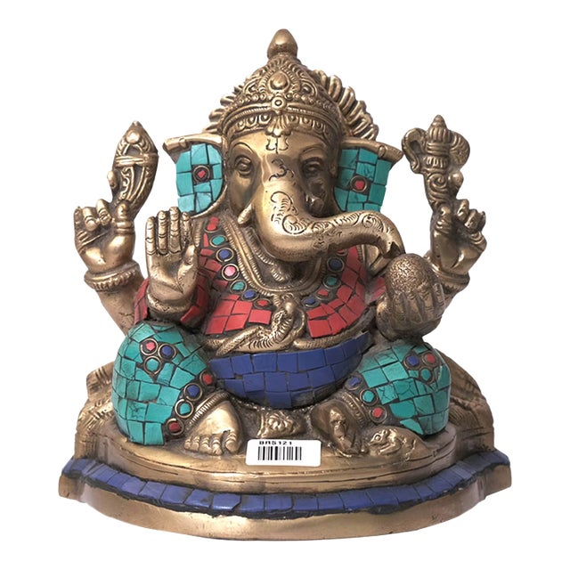 Brass Ganesha Statue With Turquoise Inlay | 7 Inch Hindu Ganpati Idol for Home Altar | Colorful Indian Deity Art | Unique Housewarming Gift For Sale