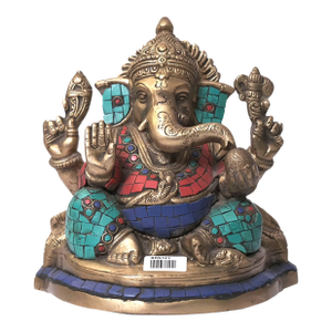 Brass Ganesha Statue With Turquoise Inlay | 7 Inch Hindu Ganpati Idol for Home Altar | Colorful Indian Deity Art | Unique Housewarming Gift