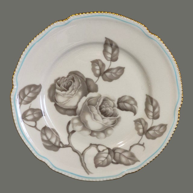 Castleton - USA Mid 20th Century Set of Four Dessert Plates Castleton Gloria Porcelain Taupe Roses Blue Band 22Kt Gold Trim For Sale - Image 4 of 6