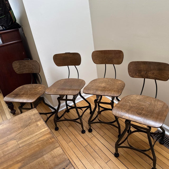 Rare 8 Matching Original Toledo Stools With Custom Table Made From Vintage Work Table Top and Unique Iron Legs For Sale - Image 10 of 12