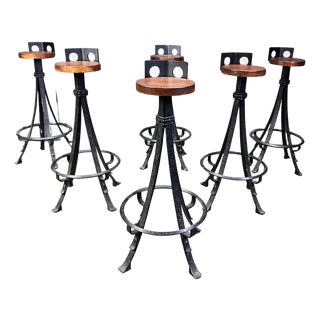 Vintage Brutalist Wrought Iron Bar Stools, 1970s, Set of 6 For Sale
