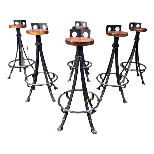 Vintage Brutalist Wrought Iron Bar Stools, 1970s, Set of 6 For Sale