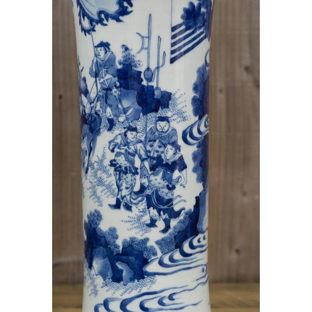 Chinese Blue and White Porcelain Sleeve Vase with Warriors and Military Procession For Sale - Image 9 of 18