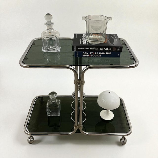 Brown Bauhaus Bar Cart in Chrome & Smoked Glass, Czechoslovakia, 1960s For Sale - Image 8 of 15