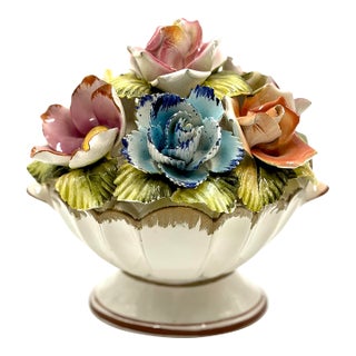 Vintage Italian Hand Painted Porcelain Flower Topiary Basket For Sale