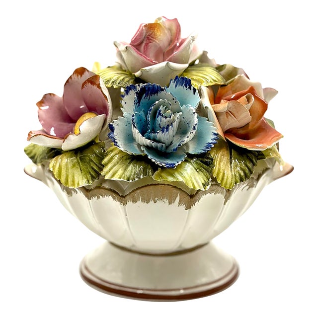 Vintage Italian Hand Painted Porcelain Flower Topiary Basket For Sale