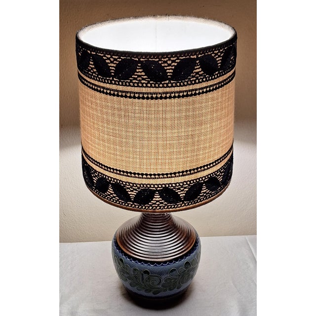 Vintage Table Lamp with Blue-Brown Ceramic Base and Fabric Shade, 1970s For Sale - Image 3 of 8