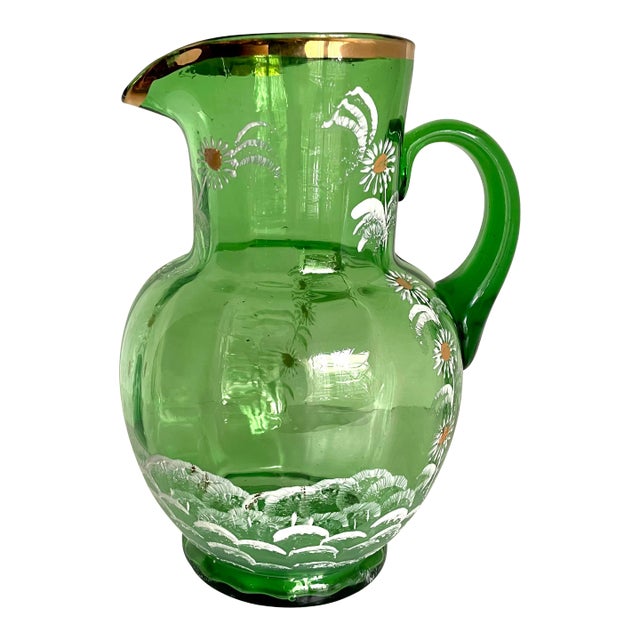 Early 20th Century Depression Era Handblown Green Glass Pitcher For Sale