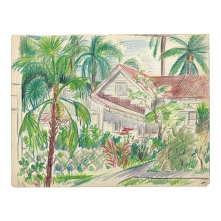 1940s Grace Spongberg Napua Hotel Garden Hawaii Drawing For Sale