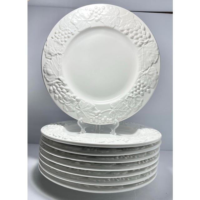 Crate & Barrel 8 Large Ceramic White Embossed Grape Leaf Dinner Plates 12” Italy Good vintage condition. No chips, cracks,...