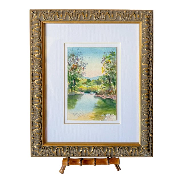Original Watercolor Landscape in Gilt Scroll Frame, Signed For Sale