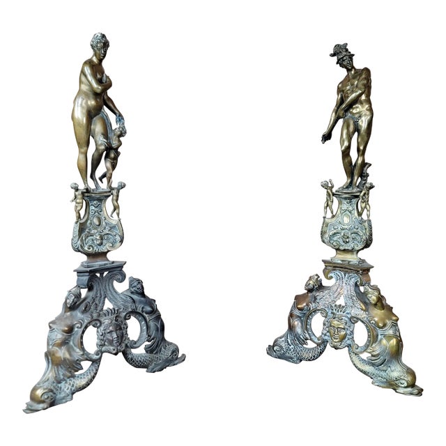 19th Century Large French Figural Nude Bronze Fireplace Chenets -A Pair For Sale