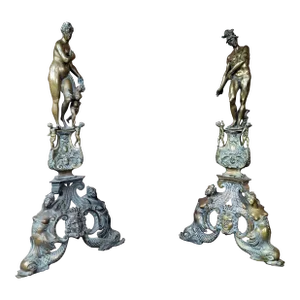 19th Century Large French Figural Nude Bronze Fireplace Chenets -A Pair