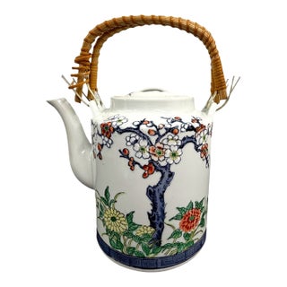 Vintage Japanese Imari Style Porcelain Dobin Teapot With Woven Rattan Handle For Sale