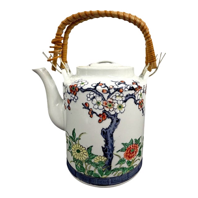 Vintage Japanese Imari Style Porcelain Dobin Teapot With Woven Rattan Handle For Sale