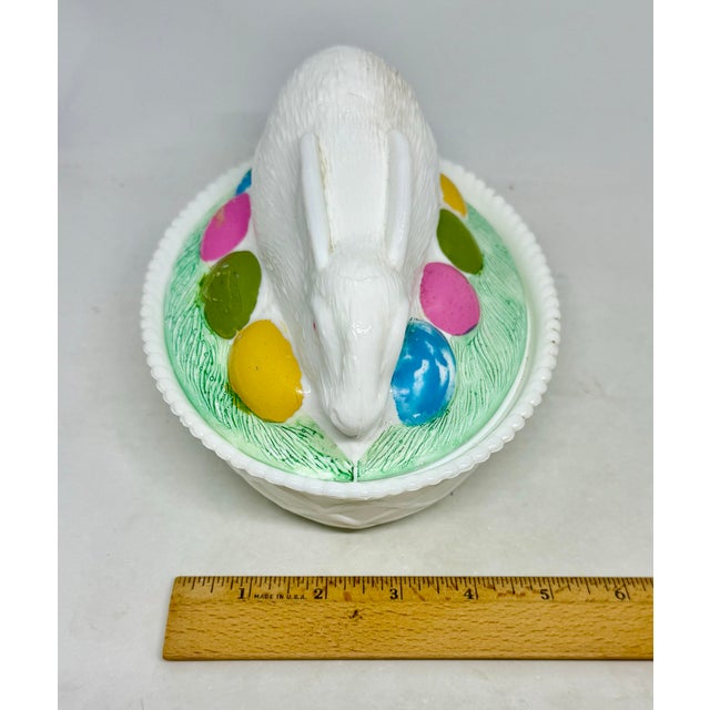 Vintage Milk Glass Easter Bunny Rabbit Covered Painted Candy Trinket Dish & Lid For Sale - Image 11 of 12