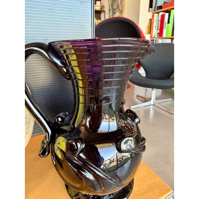 Contemporary Vintage Liberty Craftworks Black Amethyst Glass Lily Pad Pitcher Garrett Vilicich Signed For Sale - Image 3 of 14