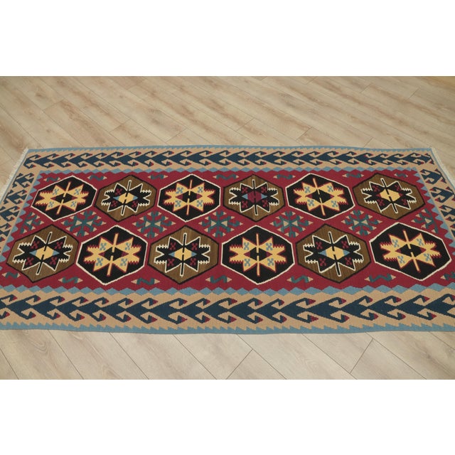 Mid-Century Modern 1970s Scandinavian Style Geometric Design Red Handmade Oushak Kilim Runner Rug For Sale - Image 3 of 12